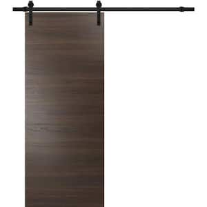 0010 18 in. x 80 in. Flush Chocolate Ash Finished Wood Sliding Barn Door with Hardware Kit Black