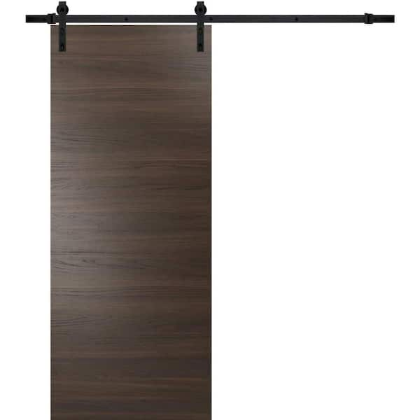 Sartodoors 0010 18 in. x 96 in. Flush Chocolate Ash Finished Wood Sliding Barn Door with Hardware Kit Black