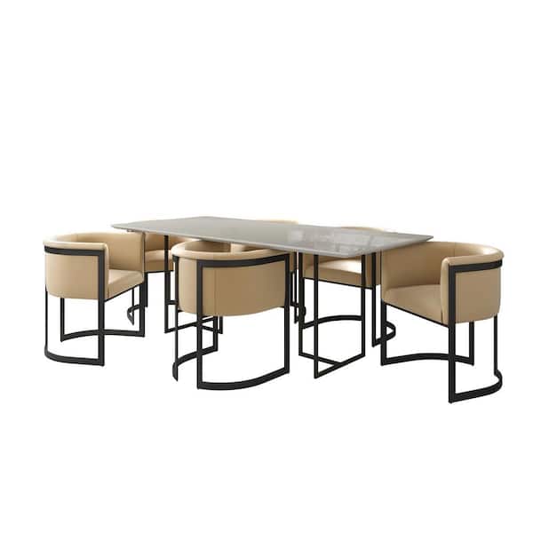 Manhattan Comfort Celine and Corso 7-Piece Off White and Cream Glass Top Dining Room Set (Seats-6)