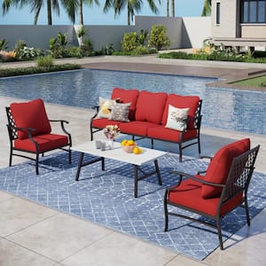 Black 5 Seat 4-Piece Metal Steel Outdoor Patio Conversation Set with Red Cushions and Table with Marble Pattern Top