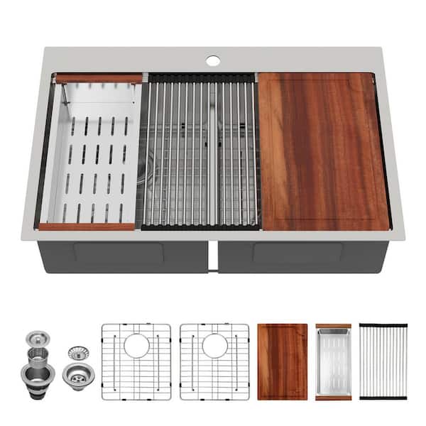 33 in. Drop-In/Topmount 50/50 Double Bowl 18-Gauge Stainless Steel Low Divider Workstation Kitchen Sink with Strainers