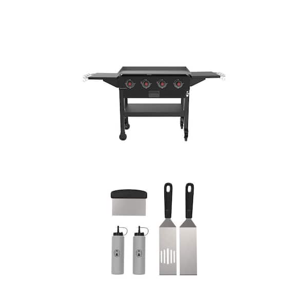 36 in. 4-Burner Propane Gas Griddle with Grease Tray and 2-Side Shelves and 5-Piece BBQ Griddle Tool Kit
