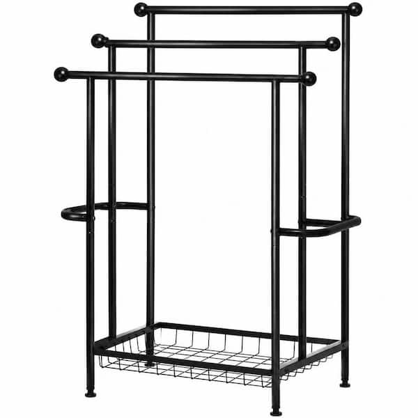 3-Tier 39" H Towel Rack in Matte Black with Standing Design and Storage Basket for Pool and Bathroom Towels