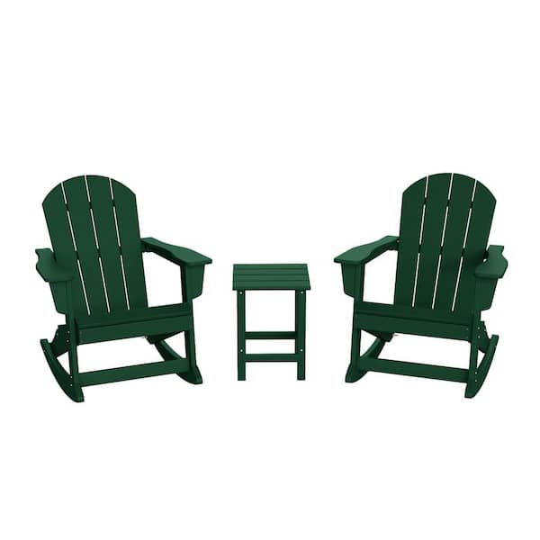 Laguna 3-Piece Fade Resistant Outdoor Patio HDPE Poly Plastic Adirondack Rocking Chairs and Side Table Set, Dark Green