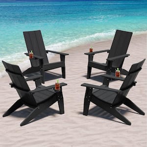 Oversize Modern Black Plastic Outdoor Patio Adirondack Chair with Cup Holder (4-Pack)