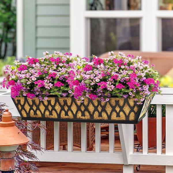 OGETFUUR 2 Pack 24 in. Metal Railing Planter Box with Adjustable Brackets for Porch Fence Patio Balcony, Hanging Flower Baskets