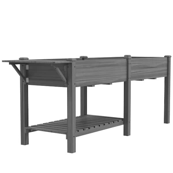 Outsunny 35 in. x 20.9 in. x 7.9 in. Raised Garden Bed, Wood Elevated Planter Box with Side Table, Bottom Shelf and Hole, Gray
