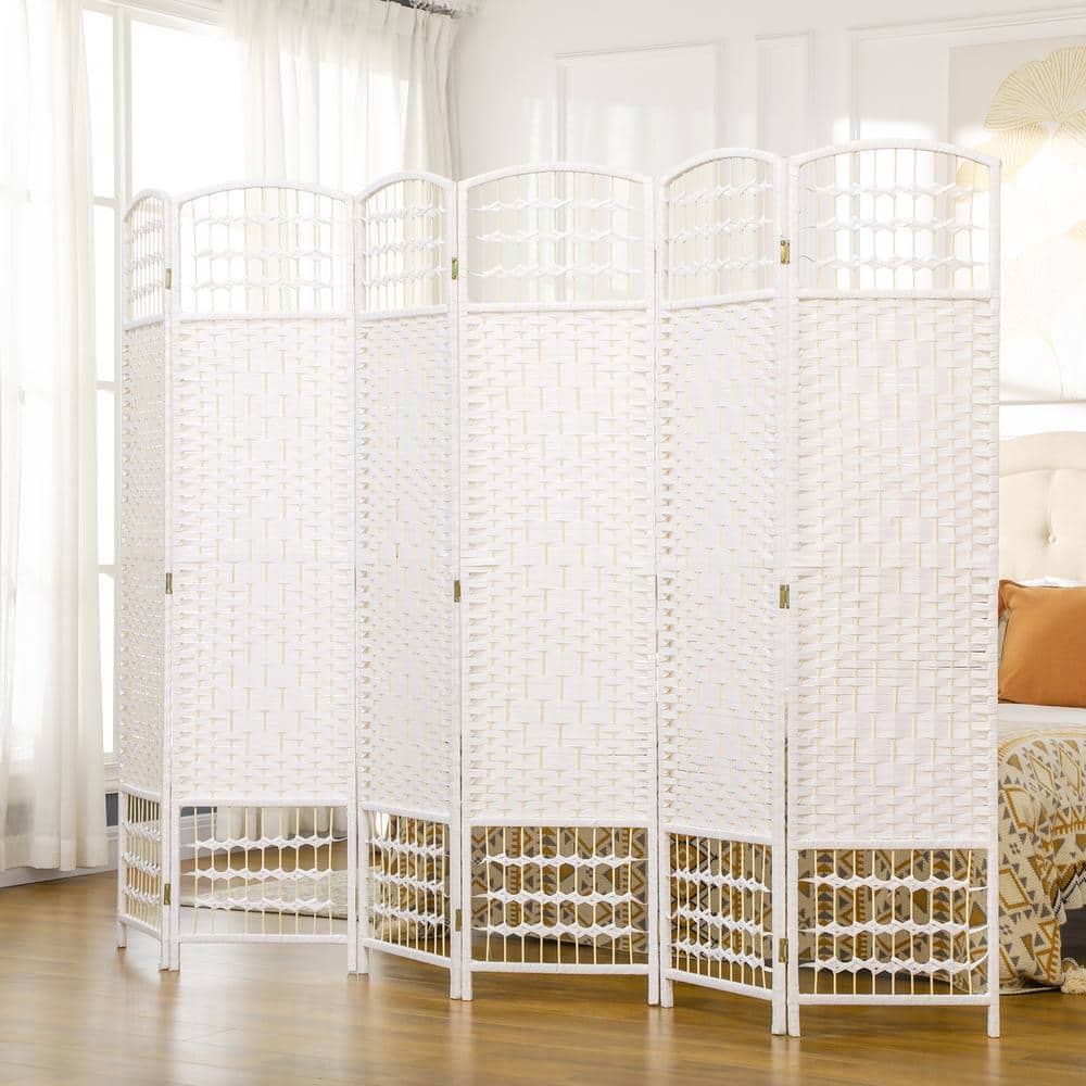 White 6-Panel Handwoven Folding Privacy Screen
