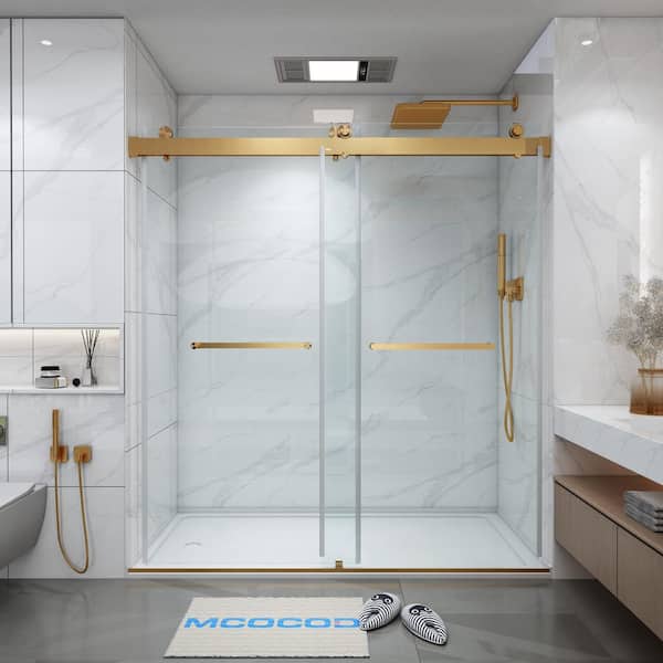 MCOCOD 66-72.75 in. W x 72 in. H Double Sliding Frameless Soft Close Shower Door in Brushed Gold with 3/8 in. Clear Glass