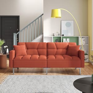 74.75" Orange Linen Upholstered Sleeper Sofa, Living Room Love Seat Sofa With Adjustable Back Folding Twin Size Sofa Bed
