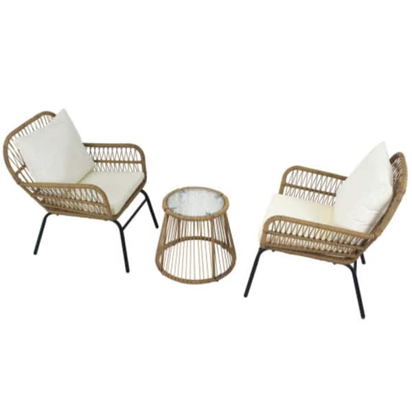 Unbranded 3-Piece Outdoor Patio Balcony Natural Color Wicker Sofa Outdoor Bistro Set with Beige Cushion And Round Glass Table