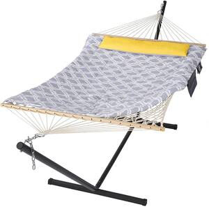 12 ft. Quilted Free Standing 2-Person Hammock with Stand and Detachable Pillow in Gray Drops