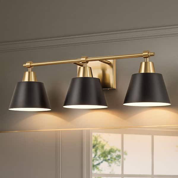 RRTYO Brandon 24.6 in. W 3-Light Vintage Industrial Black and Gold Metal Linear Cone Bathroom Vanity Light