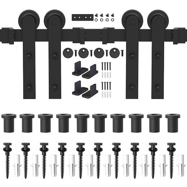 WINSOON 13 ft. /156 in. Frosted Black Strap Sliding Barn Door Track Hardware Kit for Double Wood Doors Non-Routed Floor Guide