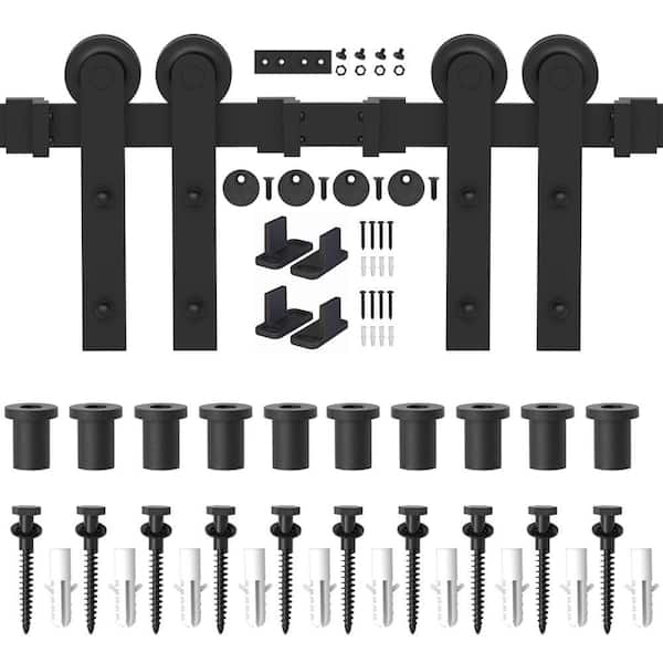 WINSOON 14 ft./168 in. Frosted Black Strap Sliding Barn Door Track Hardware Kit for Double Wood Doors Non-Routed Floor Guide