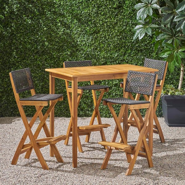 Noble House Polaris Natural 5-Piece Wood Rectangle 41 in. Patio Outdoor Serving Bar Set