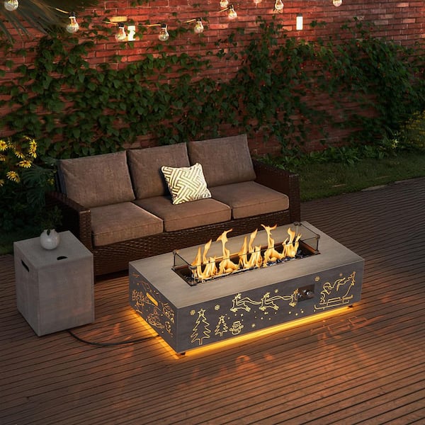 42 in. 50,000 BTU Rectangle Outdoor Propane Gas Fire Pit Table in Gray with Golden LED Light