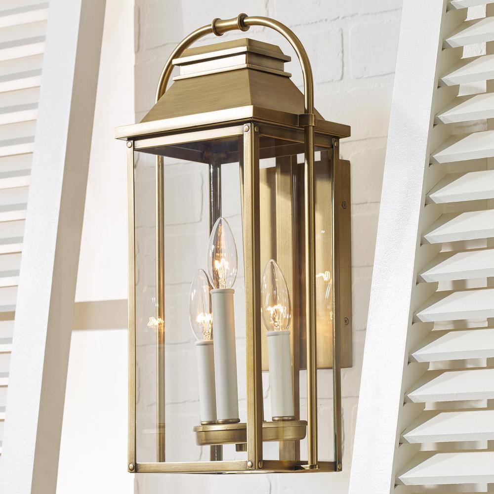 Wellsworth Painted Distressed Brass 3-Light Rectangular Lantern Sconce