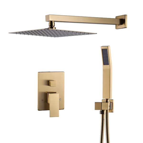 Single Handle 2-Spray Shower Faucet 1.8 GPM with 12 in. Square Shower Head and Handheld Shower in Gold