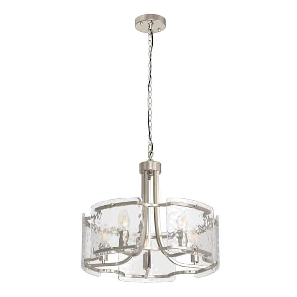 5-Light Brushed Nickel Drum Glass Pendant Light, Modern Ceiling Light Chandelier for Dining Table, Bedroom