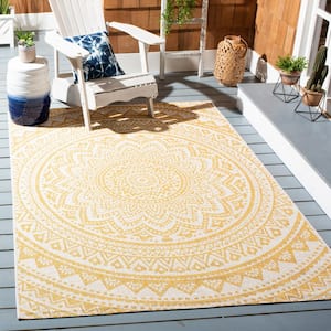 Courtyard Ivory/Gold 7 ft. x 10 ft. Medallion Indoor/Outdoor Patio  Area Rug