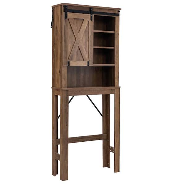 Wooden 26 in. W x 68 in. H x 10 in. D Brown Over the Toilet Storage with Sliding Door and 3-Level Adjustable Shelves