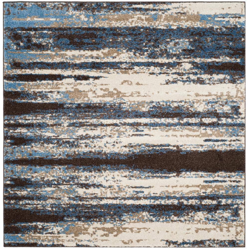 4' Square Blue and Cream Abstract Shag Rug