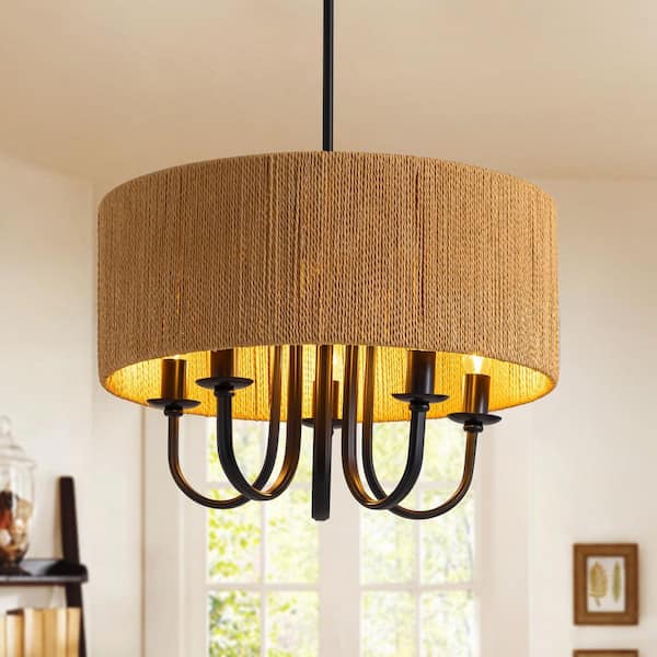 SILJOY 19.3 in. 5-Light Boho Yellow Rattan Pendant Chandelier in Natural Finish for Living or Dining Room