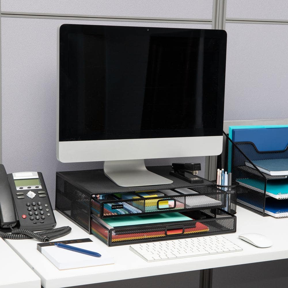 Black Metal Mesh Monitor Stand with Storage Drawers