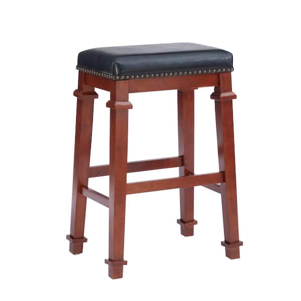 Linon Home Decor Nelson Dark Cherry Backless Bartool with Padded Black Faux Leather Seat