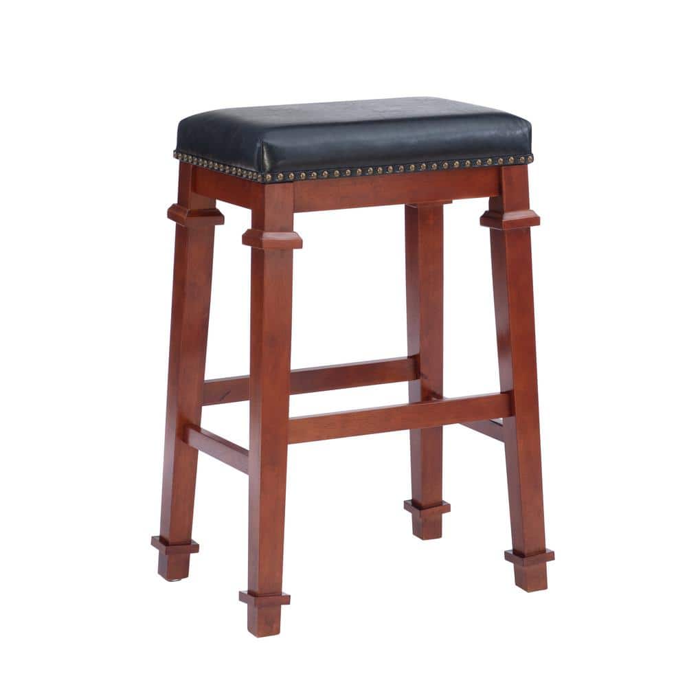 Kennedy Dark Cherry Backless Wood Bar Stool with Black Upholstery