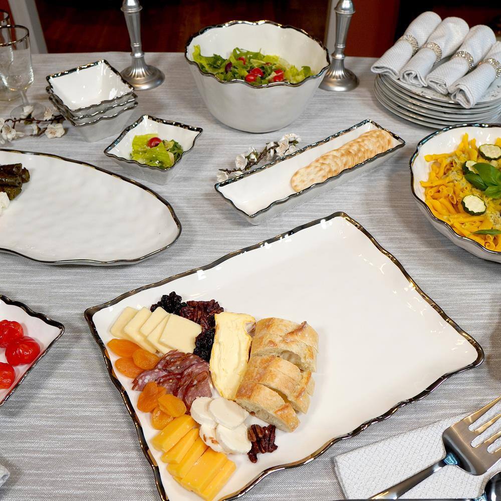 Elegant Silver Rimmed Rectangular Ceramic Serving Platter, 16 inches
