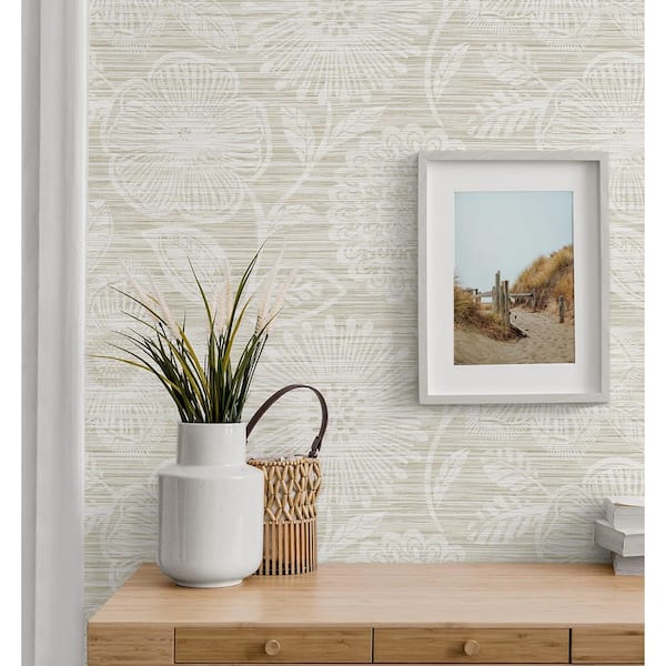 17.08 sq. ft. Sand Faux Grass Floral Vinyl Peel and Stick Wallpaper Roll