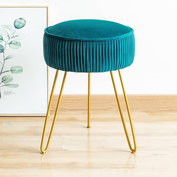 LUE BONA 18.5 in. Blue and Green Velvet Round Upholstered Metal Vanity Stool with Gold Legs