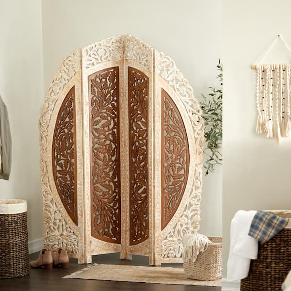 Litton Lane 6 ft. Brown 4 Panel Floral Handmade Foldable Arched Partition Room Divider Screen with Intricately Carved Designs