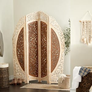 6 ft. Brown 4 Panel Floral Handmade Foldable Arched Partition Room Divider Screen with Intricately Carved Designs