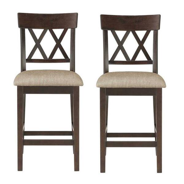 EVERGLADE HOME Carlow 42 in. Dark Brown Full Back Wood Frame Bar Stool with Double Cross Back Fabric Seat (Set of 2)