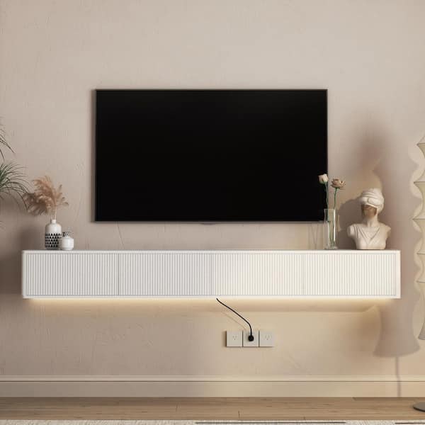78.7 in. W x 11.8 in. D White MDF Wood Floating TV Stand Shelves Decorative Wall Shelf with Lights & Power Outlet