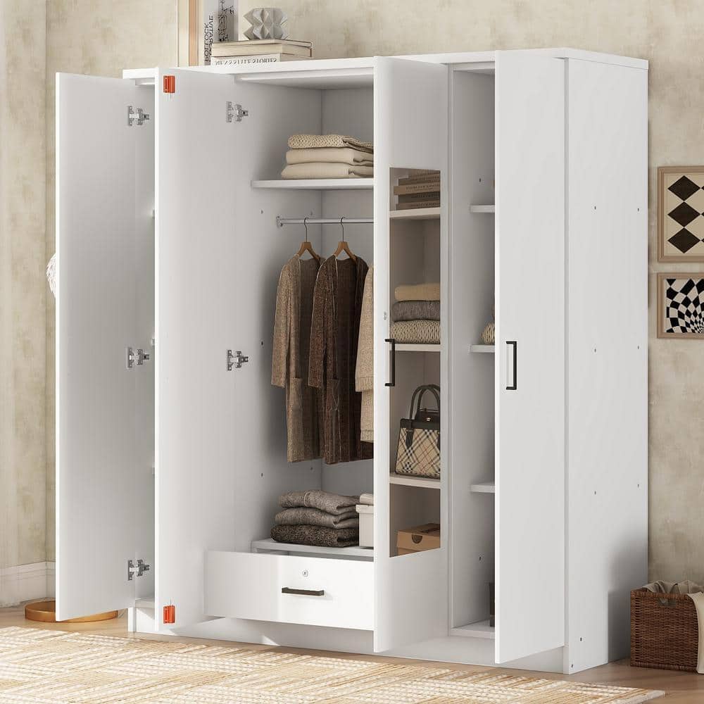 Nestfair White Wood 59.2 in. 4-Door Wardrobe with Shelves Drawer