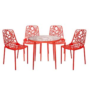 Devon 5 Piece Aluminum Set with Round Table with Glass Top Outdoor Dining and 4 Stackable Chairs in Red