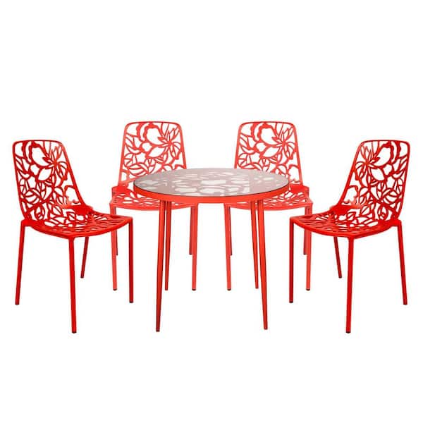 Leisuremod Devon 5 Piece Aluminum Set with Round Table with Glass Top Outdoor Dining and 4 Stackable Chairs in Red