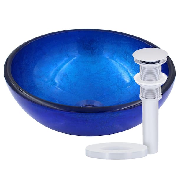 Novatto Mini Verdazzurro 12 in. Blue Foiled Glass Round Vessel Sink with Drain and Mounting Ring in Chrome