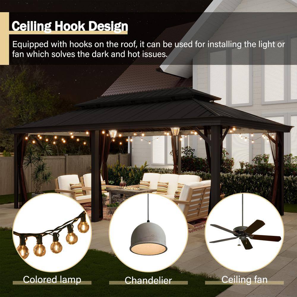 20 ft Black Aluminum Patio Gazebo with Steel Roof