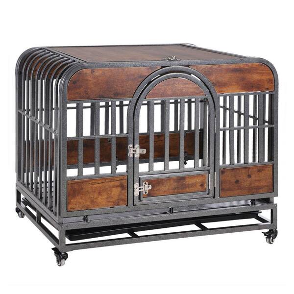 Amucolo 32 in. Brown Heavy-Duty Dog Cage Dog Crate, Furniture Style Dog Crate with Removable Trays and Wheels