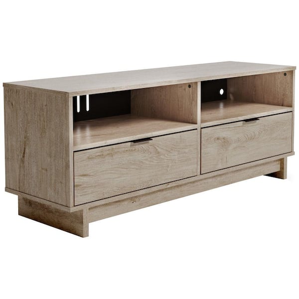 Benjara 59.02 in. Brown and Black Wood TV Stand Fits TVs 65 in. with 2 Drawers