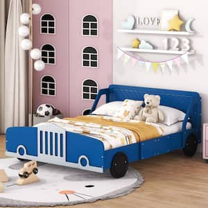 Blue Wood Frame Full Size Car-Shaped Platform Bed with Wheels, Headboard, Guardrails