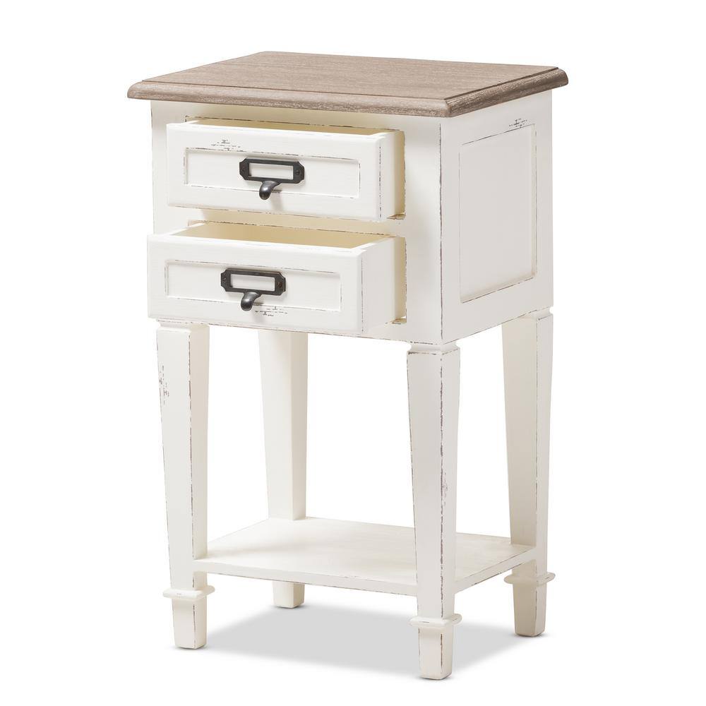Dauphine Provincial Style 2-Drawer Nightstand in Distressed White and Oak