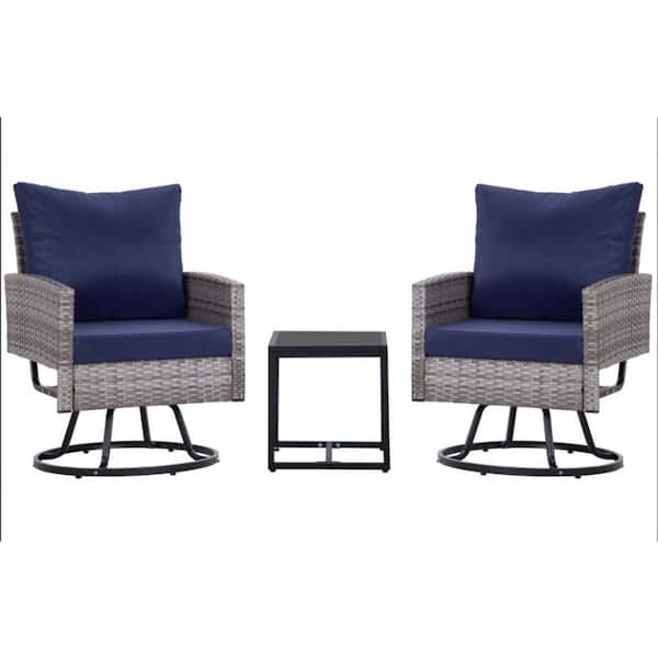 Zeus & Ruta 3 Pieces Grey Wicker Patio Conversation Set Sofa set with Blue Cushions and 1 Coffee Table