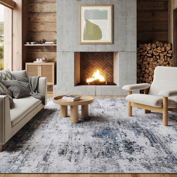 Faded Abstract Spill Proof Washable Blue Grey 9 ft. x 12 ft. Indoor Area Rug