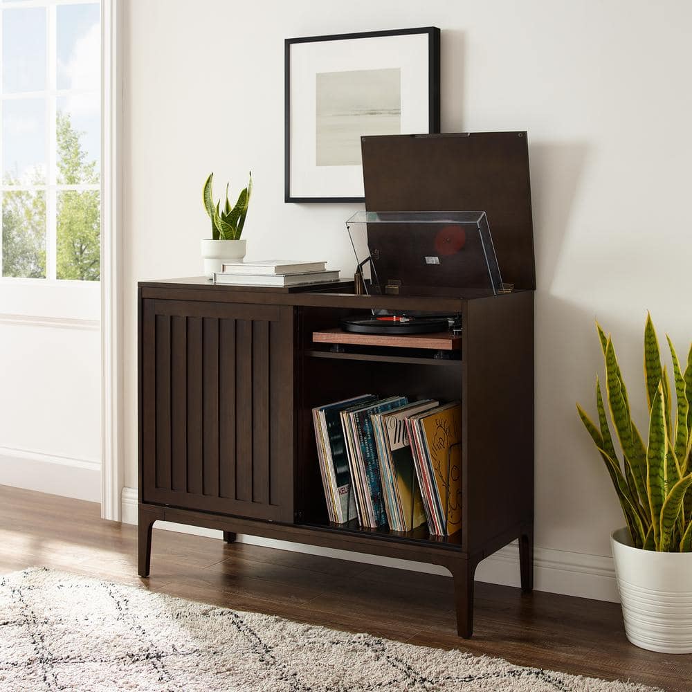 Sleek Dark Brown Slatted Media Console with Record Storage